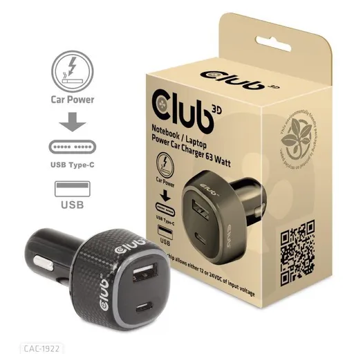 Club3D Auto nabíjačka pre Notebooky 63W, 2 porty (USB-A + USB-C)