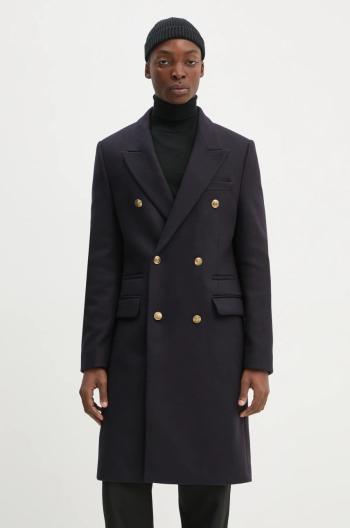 Vlnený kabát The Kooples tmavomodrá farba, prechodný, dvojradový, HMAN29007K