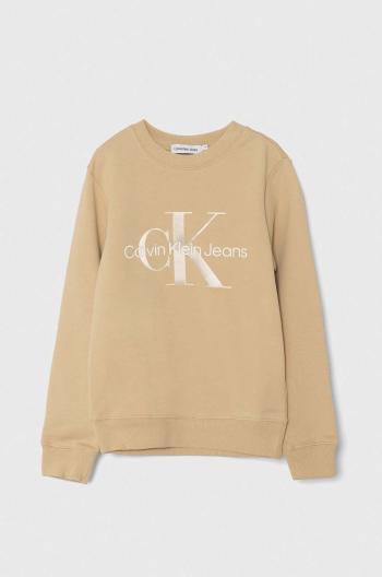 Detská bavlnená mikina Calvin Klein Jeans béžová farba, s potlačou, IU0IU00602