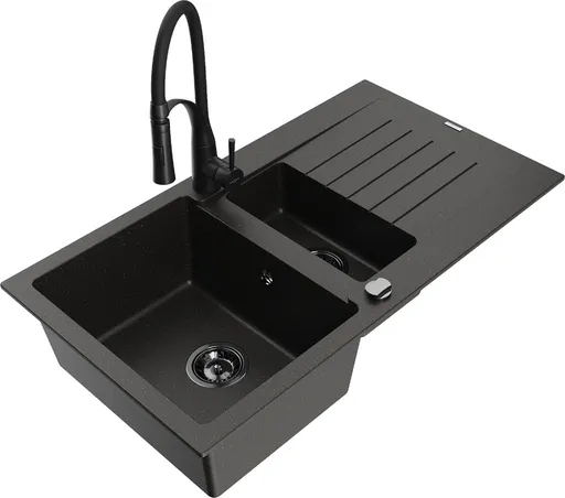 MEXEN/S MEXEN/S - Matias granitový drez 1.5 s odkvapkávačom vrátane batérie Aster, čierna/zlatá metalik 6502-75-73450-70-B