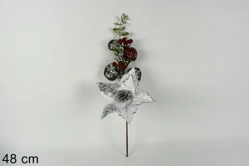 MAKRO - Vetvička / zápich vianočná 48cm, bielo – strieborno – červené farebné prevedenie