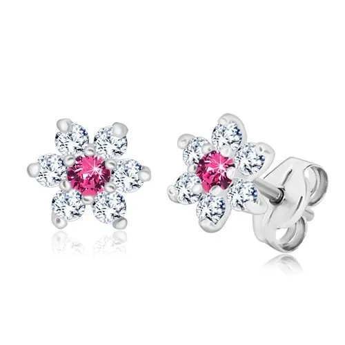 Strieborné náušnice 925 - ligotavý číry kvet, ružový zirkón uprostred, puzetky