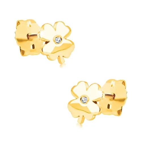 Diamantové náušnice zo žltého 14K zlata - lesklý štvorlístok s čírym briliantom