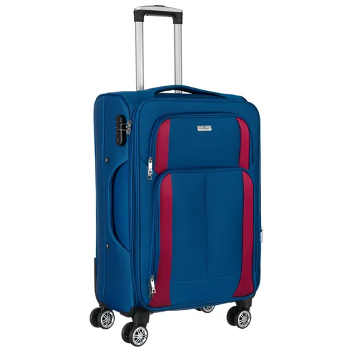 Malý kabínový kufor vyrobený z mäkkého polyesterového materiálu v modrej a červenej farbe - Peterson
