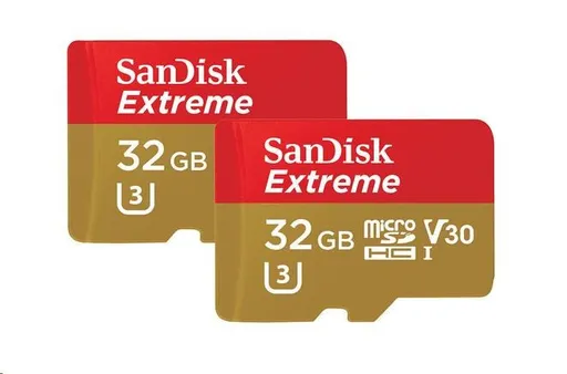 SanDisk MicroSDHC karta 32GB Extreme (100MB/s, A1 C10 V30 UHS-I U3, pre akčné kamery) + adaptér, Twin Pack