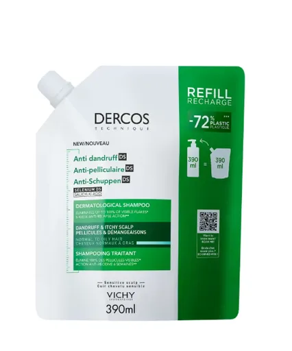 VICHY DERCOS ANTIDANDRUFF DS GREASY REFILL šampón proti mastným lupinám 390 ml