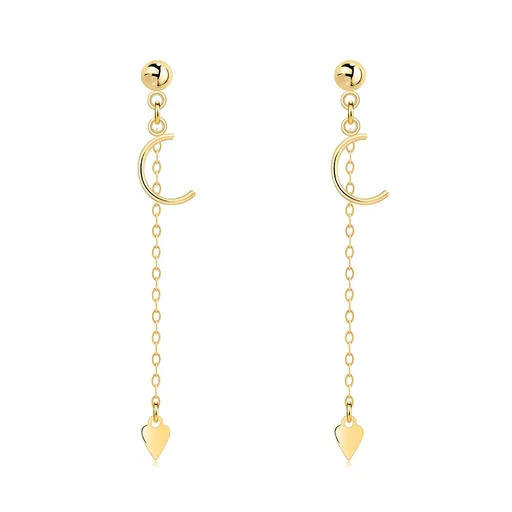 Zlaté náušnice 14K s retiazkou, mesiacom a srdcom
