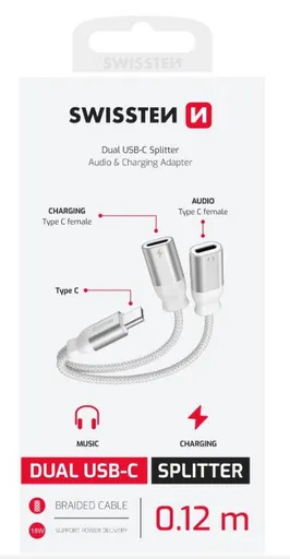 SWISSTEN NABÍJACÍ AUDIO ADAPTÉR TEXTILE USB-C (samec) / 2x USB-C (samica) 0,12 M BIELÝ