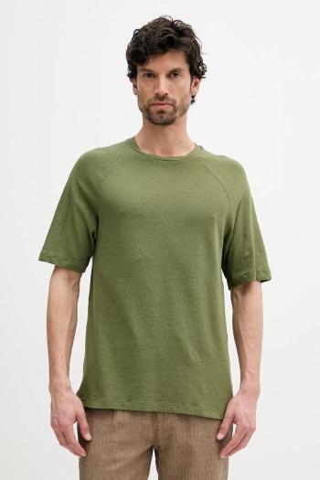 Ľanové tričko United Colors of Benetton zelená farba, jednofarebné, 3UTFU10A5