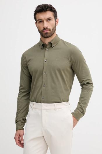 Bavlnená košeľa BOSS Orange zelená farba, slim, s golierom button-down, 50543089