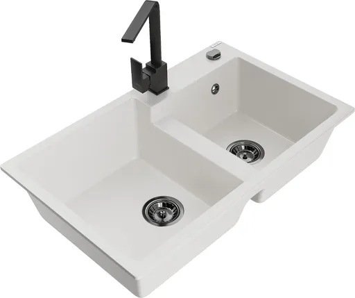 MEXEN/S MEXEN/S - Tomas granitový drez 2-bowl vrátane batérie Rita, biela 6516-20-670300-70