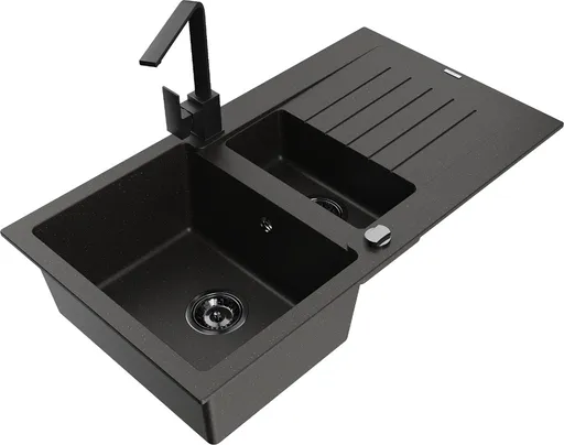 MEXEN/S MEXEN/S - Matias granitový drez 1.5 s odkvapkávačom vrátane batérie Rita, čierny/zlatý 6502-75-670300-70-B