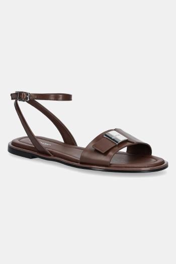 Kožené sandále Calvin Klein FLAT SANDAL W/CK HW - LTH dámske, hnedá farba, HW0HW02367