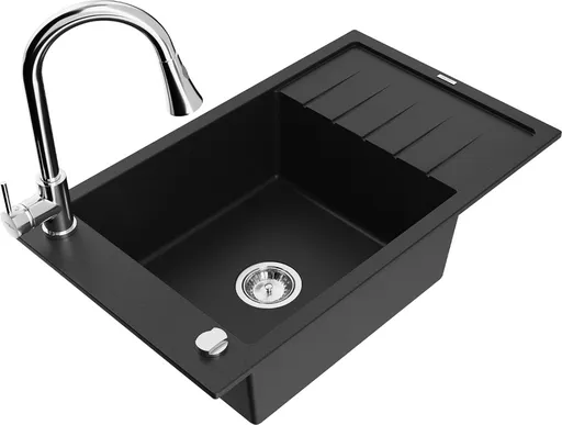 MEXEN/S MEXEN/S - Elias granitový drez 1 s odkvapkávačom vrátane batérie Elia, čierna 6511-77-670101-00