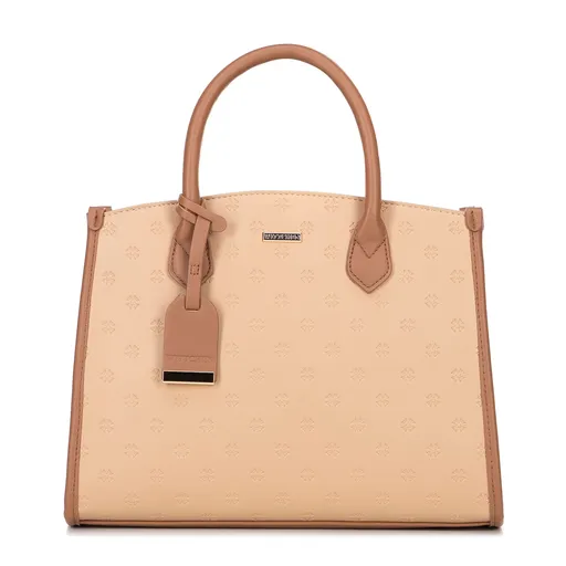 Dámska aktovka z imitácie kože s reliéfnym logom, béžová 100-4Y-221-9