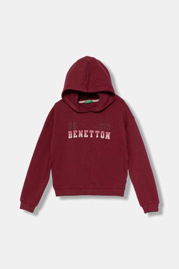 Detská bavlnená mikina United Colors of Benetton bordová farba, s kapucňou, s potlačou, 3J68C204W