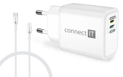 CONNECT IT DUPLEX Nabíjací adaptér 1xLightning + 1×USB-C, 20W, kábel 27W, BIELÝ