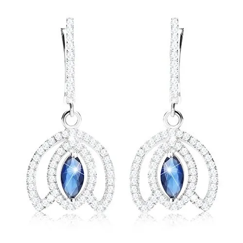 Náušnice zo striebra 925, obrys kalicha kvetu, modrý zirkónový ovál, ródiované