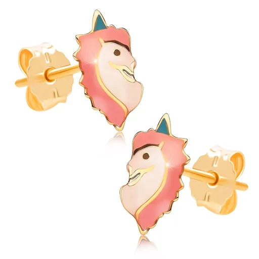 Náušnice zo žltého zlata 585, jednorožec s trojfarebnou glazúrou a zlatou kresbou