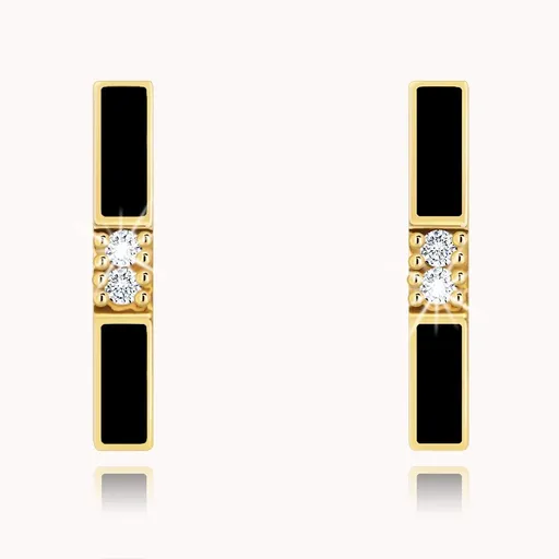 Zlaté náušnice 9K so zvislou zalomenou líniou, čiernou glazúrou a zirkónmi