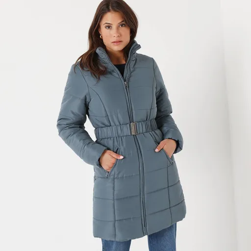 Dlhá nepremokavá prešívaná bunda s opaskom, na zips