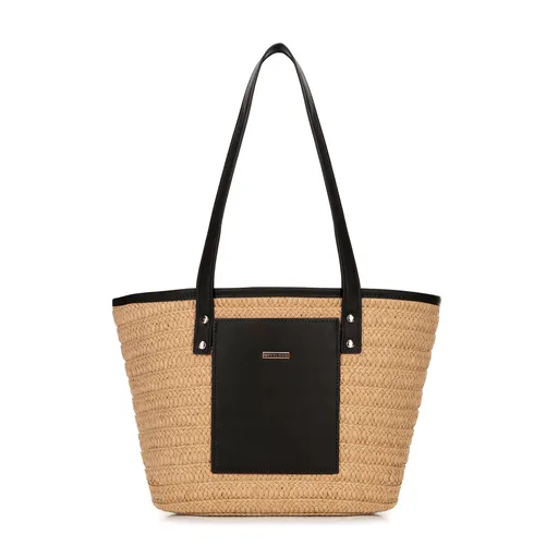 Dámsky tkaný papierový slamený košík béžovo-čierny 100-4Y-906-91