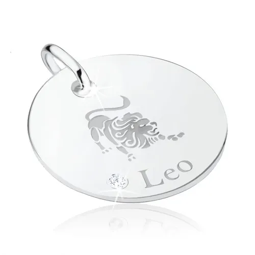 Okrúhly strieborný prívesok 925, ozdobné gravírovanie - znamenie LEV, zirkón