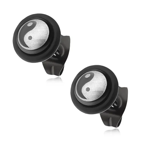 Čierne puzetové náušnice z ocele, symbol Yin-Yang