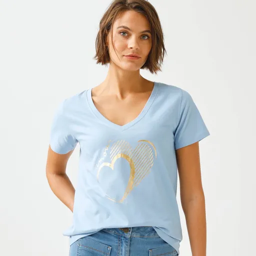 Tričko s potlačou srdca vpredu, výstrihom do V a krátkymi rukávmi