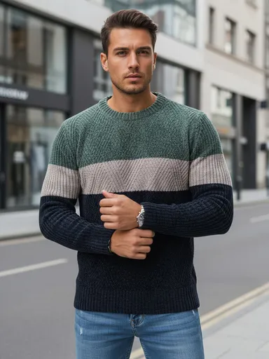 Pánsky sveter s okrúhlym výstrihom WX2319 zeleno-modrý skl32