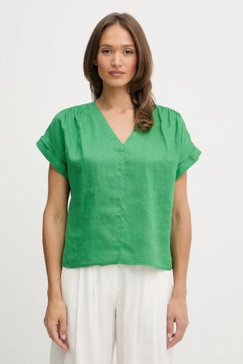 Ľanová blúzka United Colors of Benetton zelená farba, jednofarebná, 5BMLDQ0BR