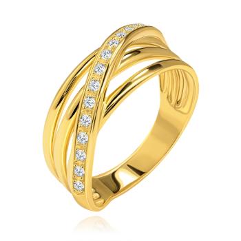 Prsteň zo žltého 14K zlata - tri hladké pásy, šikmá zirkónová línia - Veľkosť: 56 mm