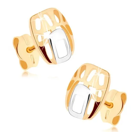 Zlaté náušnice 9K dvojfarebný obdĺžnik s výrezmi