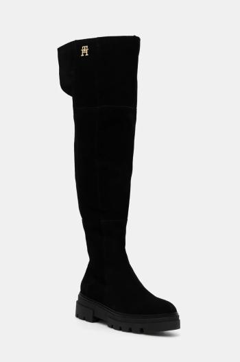 Semišové čižmy Tommy Hilfiger SUEDE OVER-THE-KNEE BOOT dámske, čierna farba, na platforme, FW0FW08159