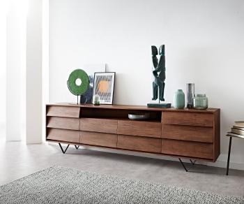 Komoda Eloi 240x40 cm Akácia hnedá 2 dvierka 4 zásuvky Dno v tvare