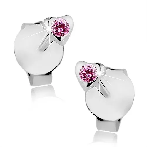 Puzetové náušnice, striebro 925, drobné srdiečko, ružový Swarovski krištálik