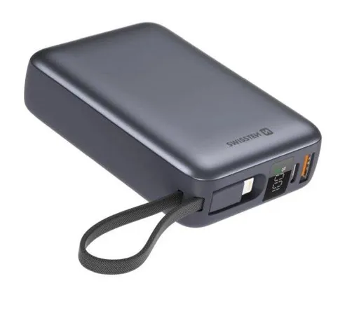 SWISSTEN POWER BANK 20000 mAh S INTEGROVANÝMI KÁBLAMI USB-C A LIGHTNING VESMÍRNE STRIEBORNÁ