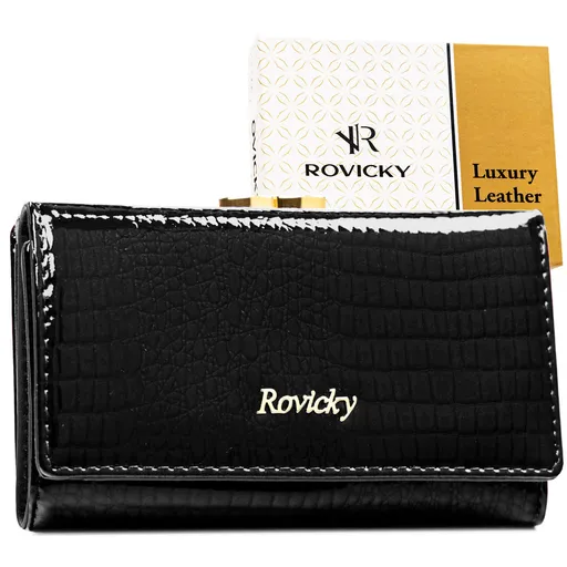 Stredne veľká dámska kožená peňaženka v čiernej farbe so zapínaním na klip a patent - Rovicky