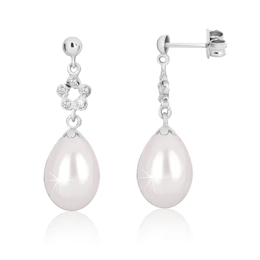 Náušnice v 9K zlate, kontúra kvetu so zirkónmi, biela perla