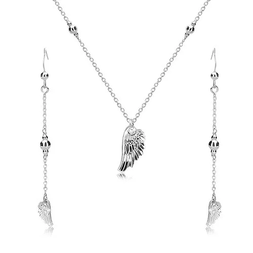 Strieborný set 925 - náušnice a náhrdelník, anjelské krídlo a lesklé guličky