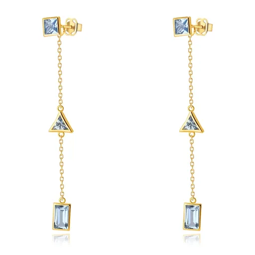 Náušnice z 9K žltého zlata - krátka retiazka s geometrickými tvarmi, syntetický akvamarín