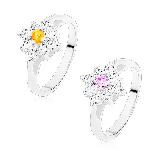 Ligotavý prsteň so zúženými ramenami, číry štvorček s farebným stredom - Veľkosť: 49 mm, Farba: Svetlofialová