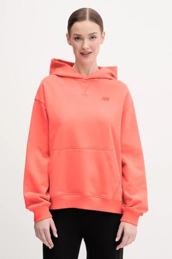 Bavlnená mikina New Balance dámska, oranžová farba, s kapucňou, jednofarebná, WT41537DTR