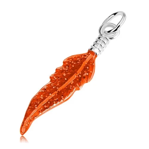 Prívesok zo striebra 925, pierko pokryté oranžovou glazúrou, trblietky