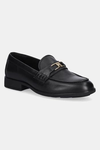 Kožené mokasíny Tommy Hilfiger TH LOGO LEATHER LOAFER čierna farba, na plochom podpätku, FW0FW08705