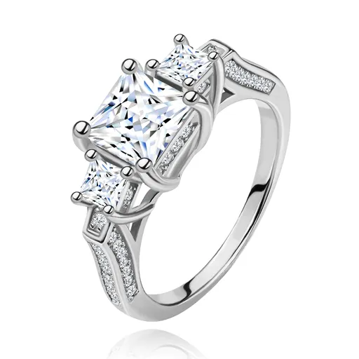 Zásnubný prsteň zo striebra 925, tri zirkónové štvorce, zdobené ramená - Veľkosť: 49 mm