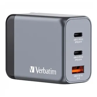 Verbatim GaN 32201, cestovná nabíjačka do siete, USB 3.0, USB C, sivá, 65 W, vymeniteľné vidlice C,G,A