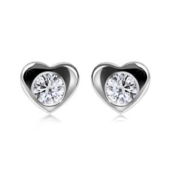 Briliantové náušnice z bieleho 585 zlata - lesklé srdce, okrúhly diamant, puzetky 