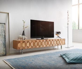 TV stolík Fevo 200 cm akácia prírodná 4 dvierka podstavec v tvare L