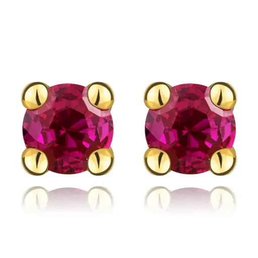 Puzetové náušnice zo žltého zlata 585 - syntetický rubín ružovej farby